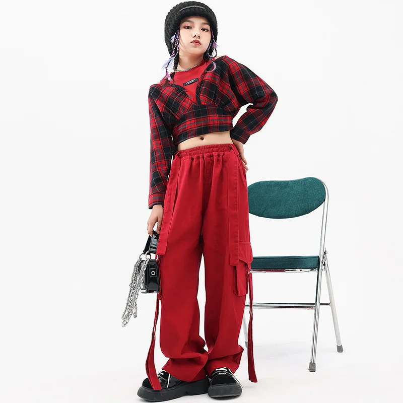 Çocuk Giyim Caz Modern Dans Kostümleri Kırmızı Ekose Kırpma Üst Hip Hop Rahat Kargo Pantolon Kız Kpop Streetwear Performans Giyim Görüntü 1