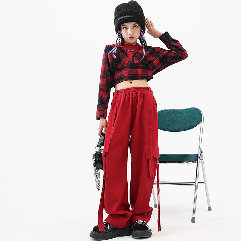 Çocuk Giyim Caz Modern Dans Kostümleri Kırmızı Ekose Kırpma Üst Hip Hop Rahat Kargo Pantolon Kız Kpop Streetwear Performans Giyim Görüntü 2
