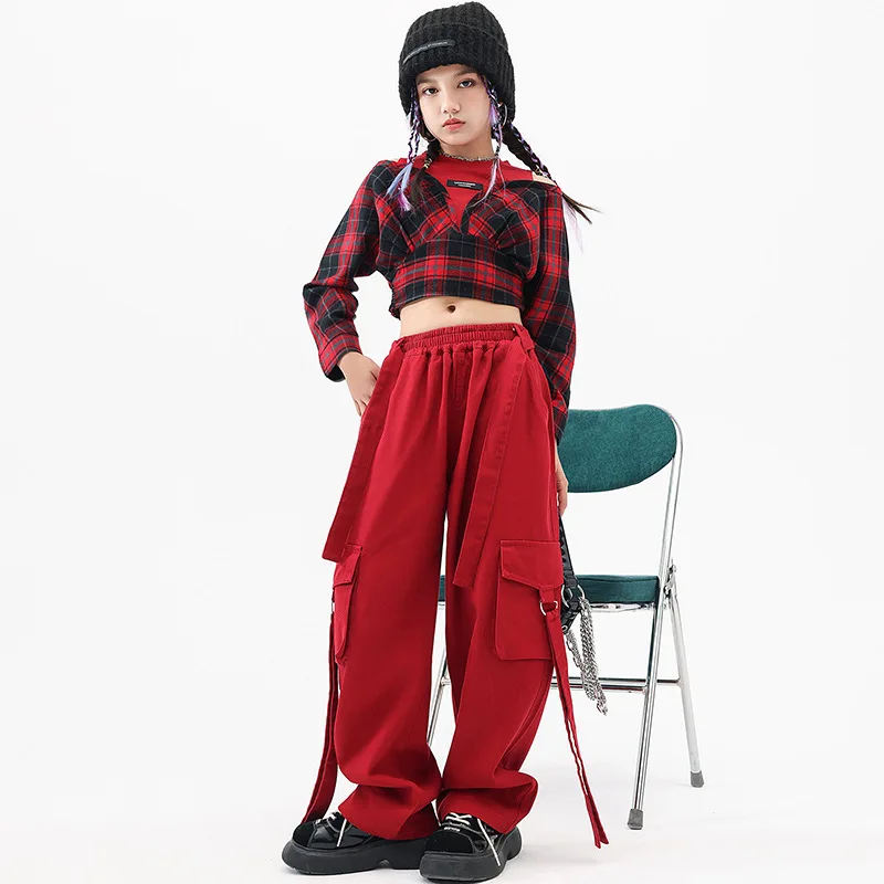 Çocuk Giyim Caz Modern Dans Kostümleri Kırmızı Ekose Kırpma Üst Hip Hop Rahat Kargo Pantolon Kız Kpop Streetwear Performans Giyim Görüntü 3