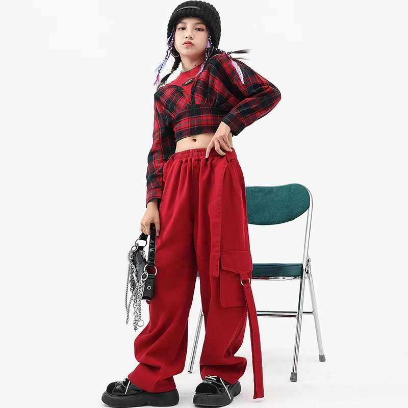 Çocuk Giyim Caz Modern Dans Kostümleri Kırmızı Ekose Kırpma Üst Hip Hop Rahat Kargo Pantolon Kız Kpop Streetwear Performans Giyim Görüntü 4
